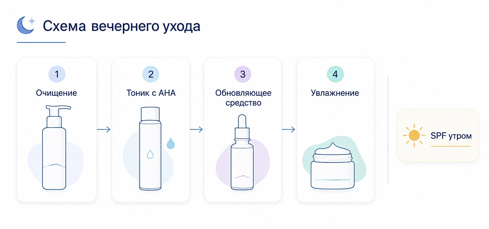 Этапы вечернего ухода за лицом с AHA-кислотами Этапы вечернего ухода за лицом с AHA-кислотами