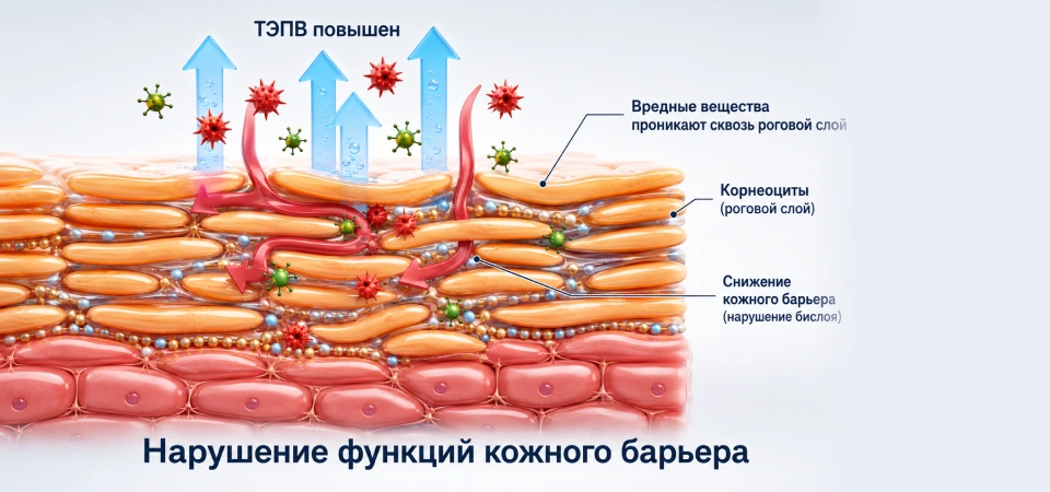 Схема нарушения функций кожного барьера и проникновения веществ