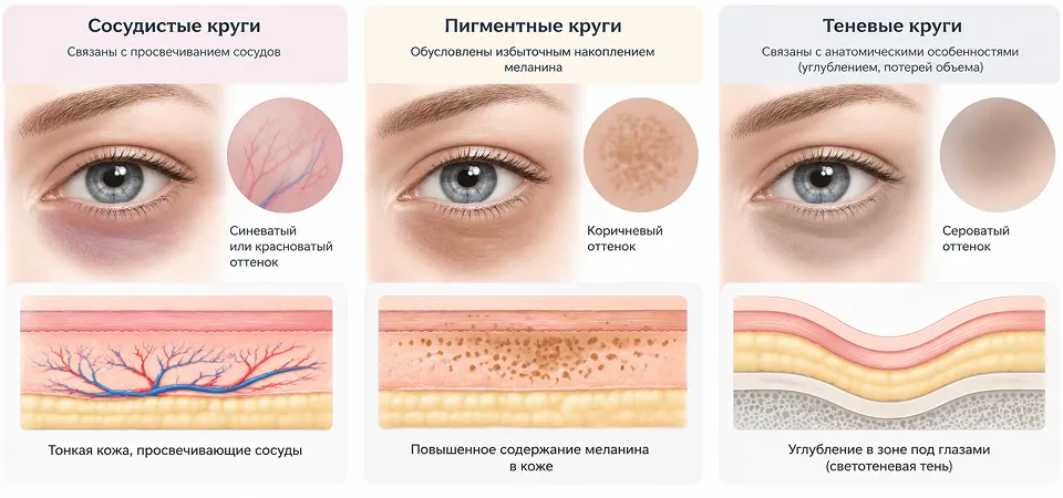 Сосудистые, пигментные и теневые круги под глазами на схеме Сосудистые, пигментные и теневые круги под глазами на схеме