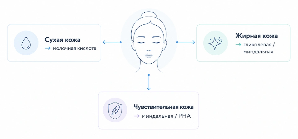 Схема выбора AHA-кислоты по типу и потребностям кожи Схема выбора AHA-кислоты по типу и потребностям кожи