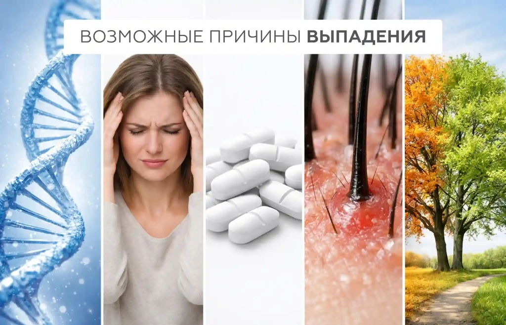 Внутренние причины выпадения волос: гормональный сбой, стресс, нарушение микроциркуляции и воспаления